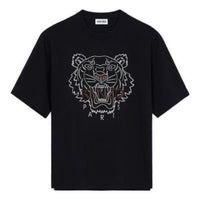 Men's KENZO Tiger Head Printing Loose Short Sleeve Black T-Shirt FB65TS0894YF-99