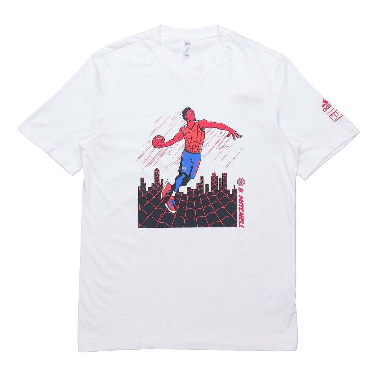 Men's adidas x MARVEL/ MARVEL Dm Spiderman 1 Printing Basketball Sports Round Neck Short Sleeve White T-Shirt DX6983