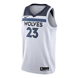 قميص كرة السلة Nike NBA، إصدار SW للمشجعين، من فريق Minnesota Timberwulfs Jimmy Butler 23، أبيض وأزرق، 864431-102