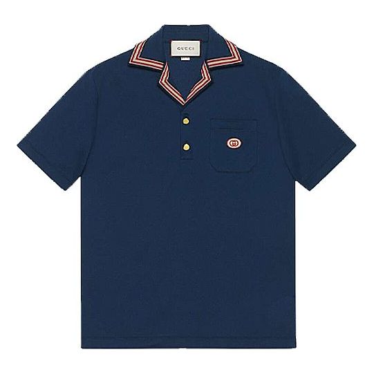 Gucci GG Sticker Cotton Short Sleeve Polo Shirt For Men Navy Blue 625351-XJCN3-4684