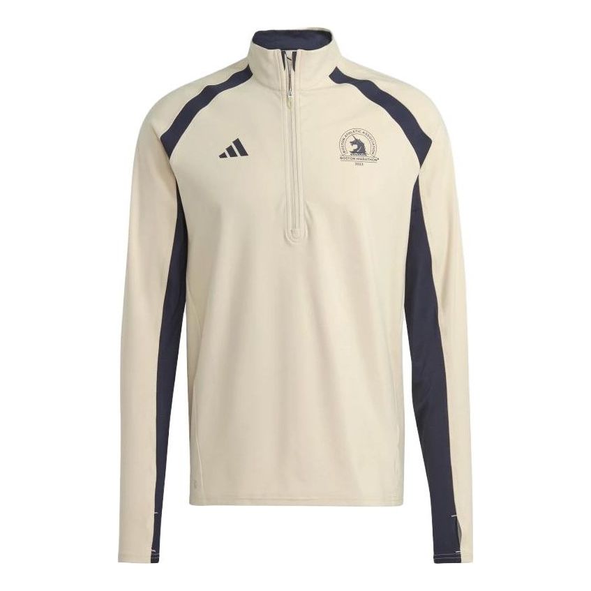adidas Boston Marathon 1/2-Zip Long Sleeve Running T-Shirt 'Beige Black' HY3259