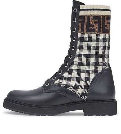 (WMNS) حذاء بايكر من الجلد الأسود من FENDI مع قماش مطاطي "أسود أبيض" 8T6780AD7AF1BPG