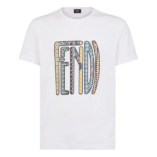 Men's FENDI SS21 Logo Alphabet Printing Round Neck Short Sleeve White T-Shirt FAF532AE8JF0ZNM