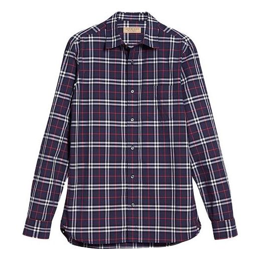 Men's Burberry Plaid Long Sleeves Shirt Navy Blue 40618121