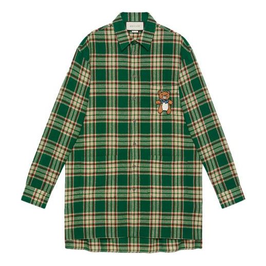 Men's Kai x Gucci Crossover SS21 Bear Pattern Plaid Long Sleeves Green Shirt 660433-ZAG11-3323