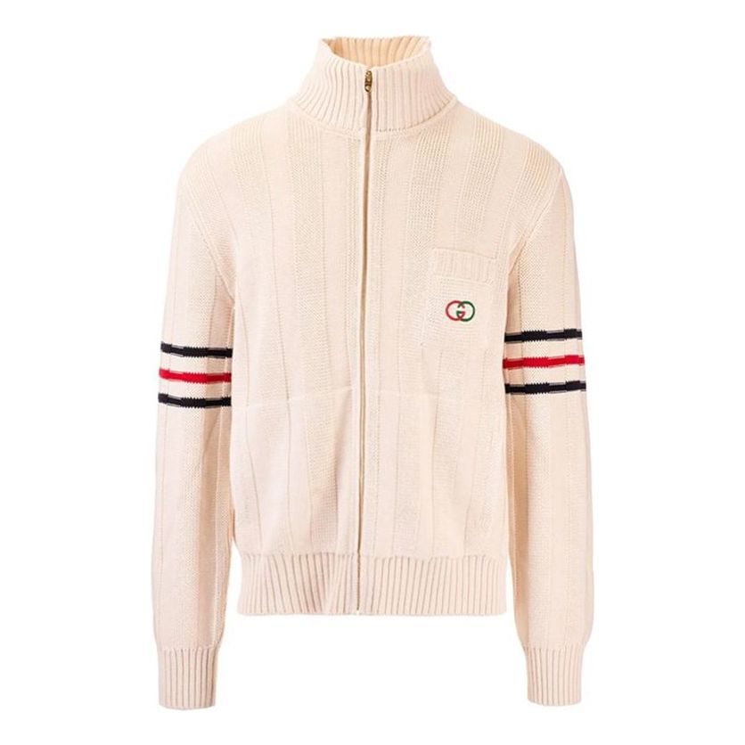 Gucci Stripe Zipper Stand-up Collar Knit Coat Male Cream-coloured 630423-XKBGM-9071