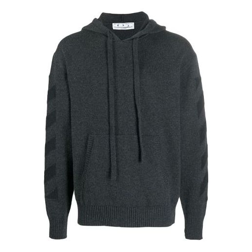 Men's Off-White FW21 Solid Color Logo Intarsia Hooded Pullover Wool Sweater Version Gray OMHA097F21KNI0011100