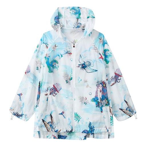 (WMNS) FILA Full Print Loose Woven Hooded Jacket 'White Blue' F11W128702F-WT