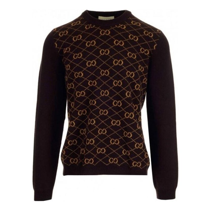 Men's Gucci SS21 GG Rhombus Pattern Round Neck Pullover Wool Sweater Brown 626288-XKBFB-2100