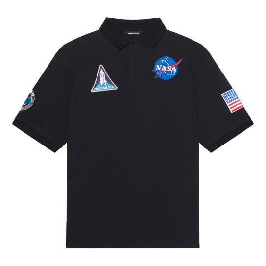 Men's Balenciaga x NASA Crossover FW21 Space Printing Cotton Solid Color Polo Shirt Black 662493TKVG11070