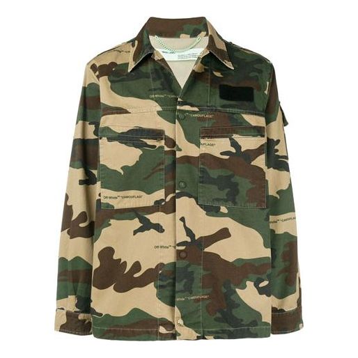 Men's Off-White Logo Printing Lapel Camouflage Jacket Loose Fit Green OMGA063E18A300039901
