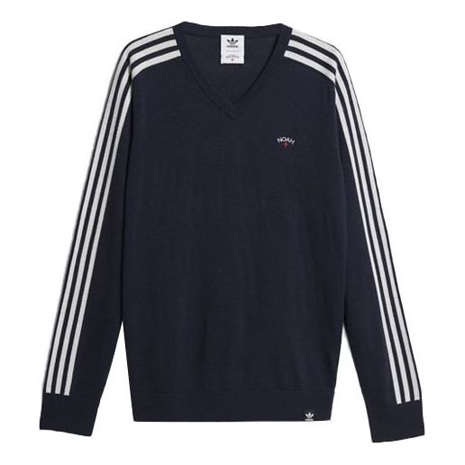 Men's adidas originals x NOAH Crossover V-neck Embroidered Logo Side Stripe V Neck Wool Sweater Legendary Ink Blue HC4303