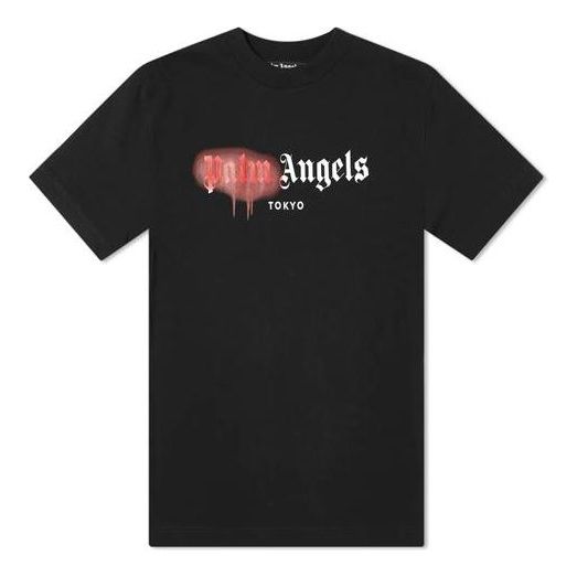 PALM ANGELS Tokyo Sprayed Logo Tee Red logo Short Sleeve Black PMAA001F20JER0141025