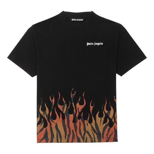Men's PALM ANGELS Flame Alphabet Logo Printing Short Sleeve Black PMAA001E20JER0011020