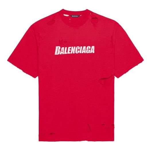 Men's Balenciaga Alphabet Printing Pattern Hole Round Neck Short Sleeve Red 651795TKVB86295
