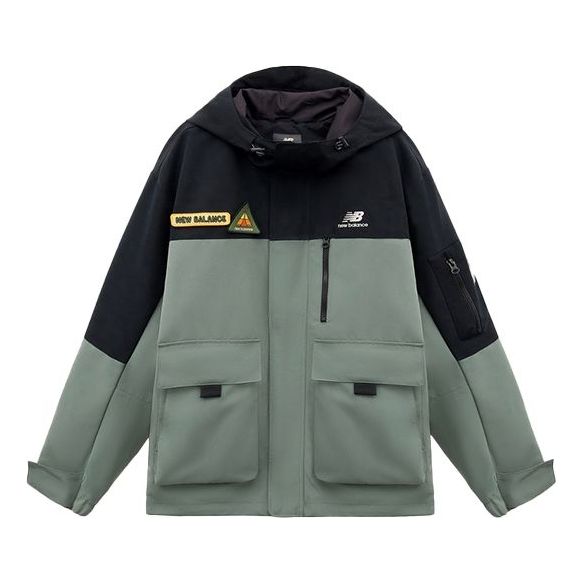 New Balance Splicing Design Embroidered logo Stay Warm Hooded Jacket Black Green Colorblock NAA89023-GRN