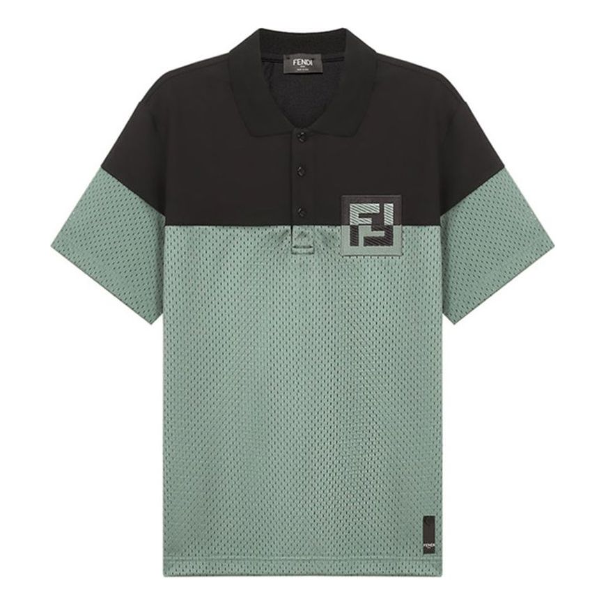 Men's FENDI SS21 Embroidered Logo Hollow Out Short Sleeve Black Sage Green Polo Shirt FAF632A52GF1DS9