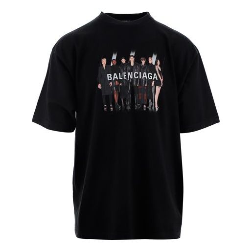 Men's Balenciaga Oversize Logo Printing Retro Shoulder Drop Short Sleeve Black 620969TIVA11000