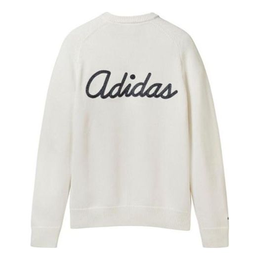 بلوفر رجالي من adidas originals SS22 مطبوع عليه شعار، برقبة دائرية، وأكمام طويلة، محبوك، أبيض، HI2931