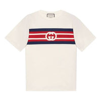 Men's Gucci SS21 Interlock Double G Stripe Printing Short Sleeve Creamy White T-Shirt 616036-XJDAG-9095