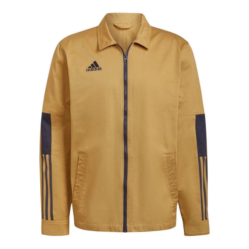 Men's adidas Micro Mark Stripe Logo Printing Lapel Long Sleeves Brown Jacket H56616