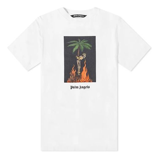 Men's PALM ANGELS Burning Skeleton Tee Flame Printing Short Sleeve White PMAA001R204130260188