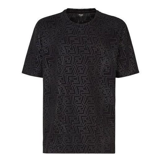Men's FENDI FW21 F Pattern Printing Round Neck Short Sleeve Black T-Shirt FY0936AGABF0QA1