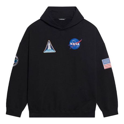 Men's Balenciaga x NASA FW21 Crossover Logo Cotton Classic hooded Loose Long Sleeves Black 651799TKVD81070