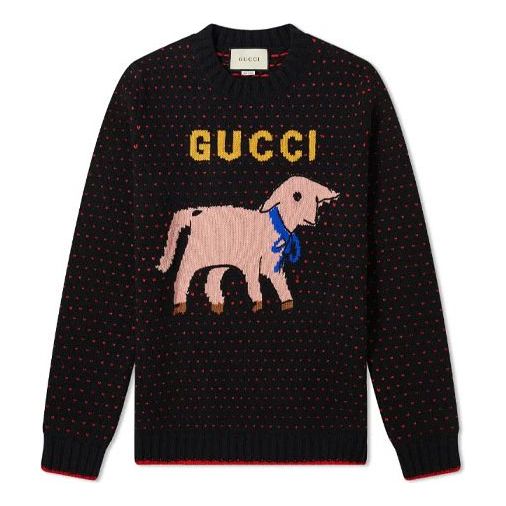 Gucci Lamb Pattern Crewneck Knitted Long Sleeve Sweater For Men Black 595499-XKAUZ-1082