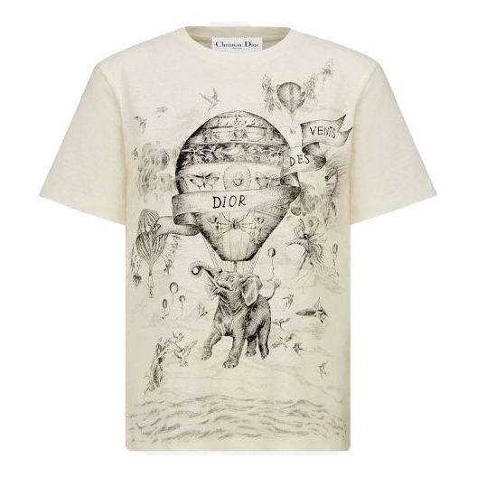 DIOR Des Vents SS21 Pattern Printing Round Neck Short Sleeve Creamy White T-Shirt 153T12B4452-X0800