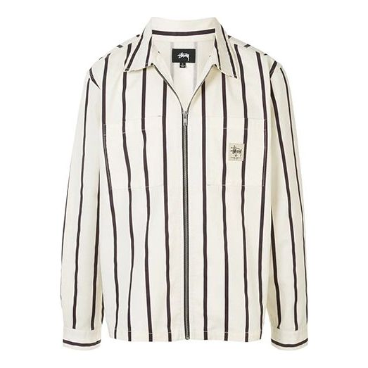 Men's Stussy Stripe Shirt Stand Collar Long Sleeves Jacket Beige 1110092