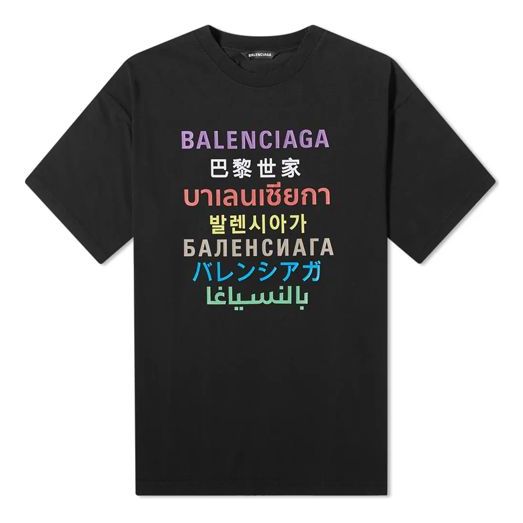 Balenciaga Multilingual Printed Short Sleeve Pullover For Men Black 612966TJVI32771