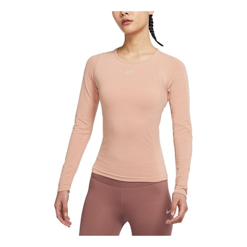 (WMNS) ملابس رياضية من Nike بلون سادة ورقبة دائرية وأكمام طويلة وقصّة ضيقة باللون الوردي DD0594-609