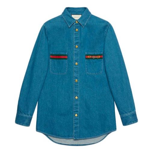 Gucci Ribbon Stone Mill Washed Denim Shirt For Men Blue 626480-XDBCG-4447