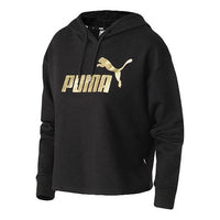 (WMNS) PUMA Essentials+ Cropped Metallic Logo Fleece Hoodie 'Black Gold' 586922-56