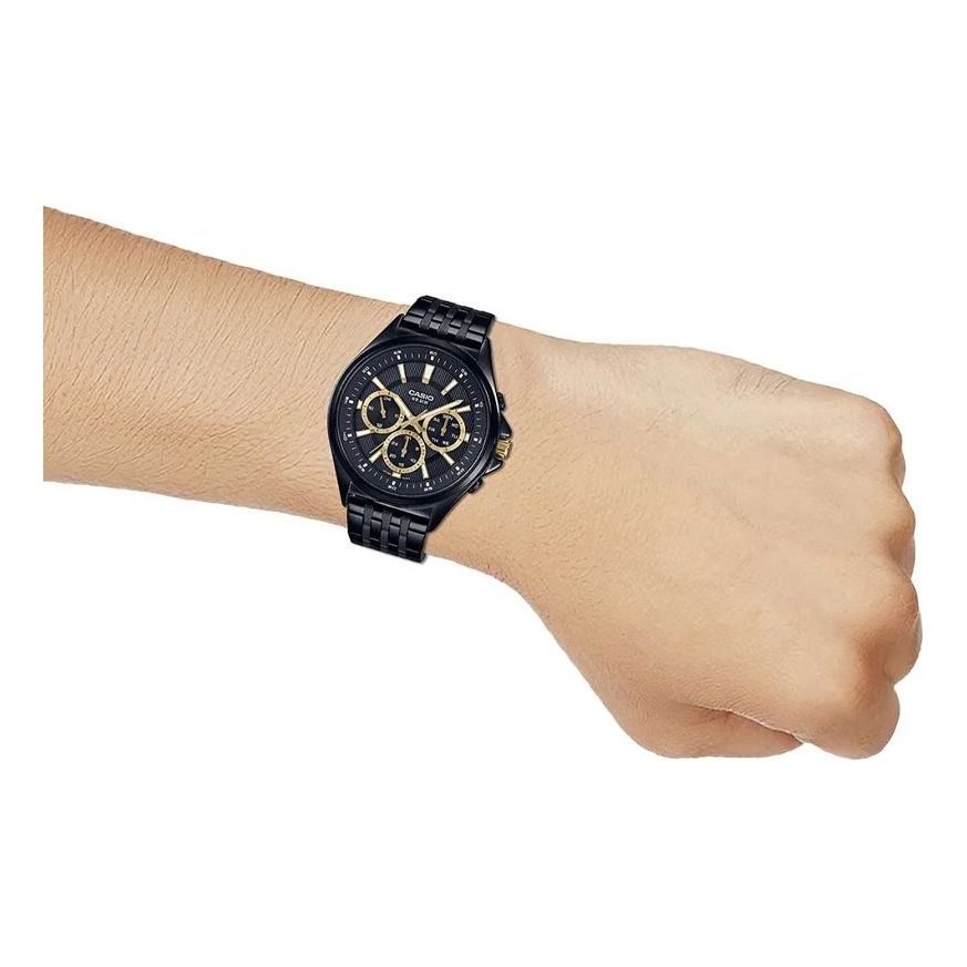 CASIO Waterproof Stainless Steel Strap BlackGold Dial Mens BlackGold Analog MTP-E303B-1A