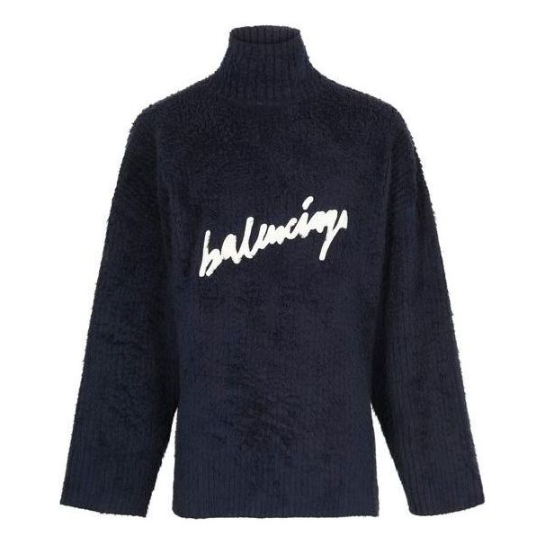 Balenciaga Brushed Cotton Scribble Logo Turtleneck Jersey Sweater 'Navy' 625935T31828065