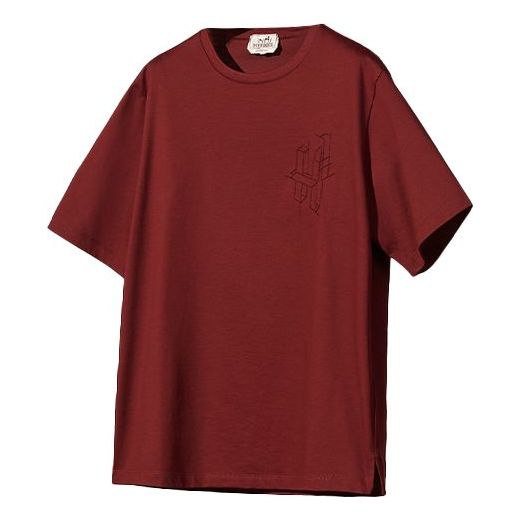 Men's HERMES 3D Embroidered Pattern Cotton Round Neck Short Sleeve Red T-Shirt H167605HA46