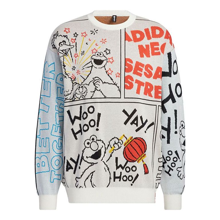 تيشيرت adidas x SESAME STREET مطبوع عليه رسوم متحركة بأحرف أبجدية كاملة وياقة مستديرة، لون بيج HD7294
