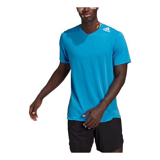 Men's adidas Sports Breathable V Neck Casual Short Sleeve Lake Blue T-Shirt HB9199