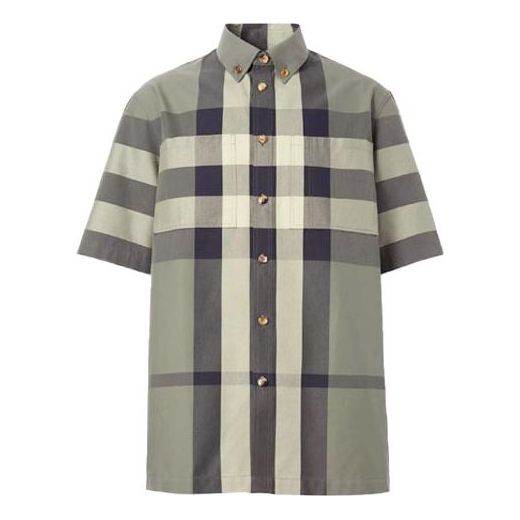 Men's Burberry SS21 Plaid Cotton Short Sleeve Shirt Green 80415411