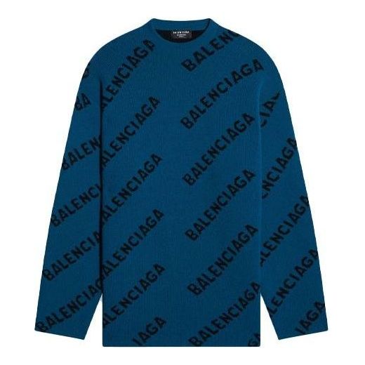 Balenciaga All Over Logo Crewneck Wool Knit Sweater 'Petrol Blue' 657400T15672470