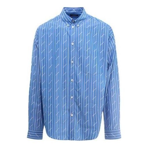 Balenciaga Allover Logo Pinstripe Long Sleeve Shirt 'Blue' 662983TGLB95531