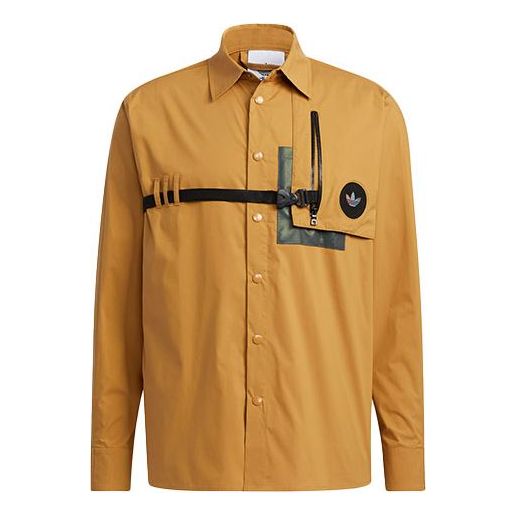 قميص رجالي adidas originals Prem Wvn Lshirt ذو ياقة على الصدر وأكمام طويلة باللون البني القمحي H58072