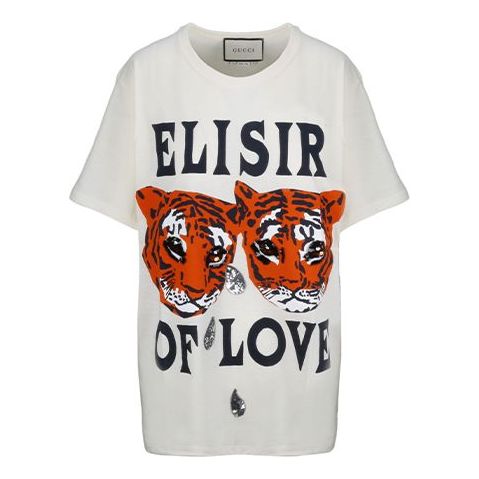(WMNS) Gucci Tiger Printed Sequin Embroidered Cotton Short Sleeve White 492347-XJBHQ-7136