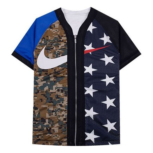 جاكيت بيسبول Nike Lab NRG Fog للرجال بسحاب مزدوج الجوانب بأكمام قصيرة، أزرق مموه، أسود، AV8269-010
