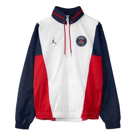 Men's Air Jordan Paris Saint-Germain Colorblock logo Sports Woven Storage Simple Hooded Jacket White Blue DB6487-100