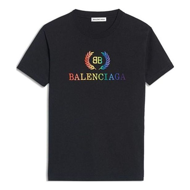 Balenciaga Rainbow Gradient Logo Round Neck Short Sleeve Black 570814TEV531000
