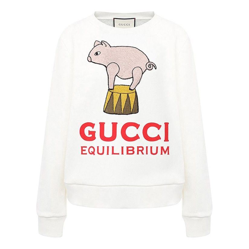 (WMNS) Gucci SS21 Piggy Cartoon Printing Pattern Pure Cotton Round Neck White Hoodie 623450-XJCRW-9095