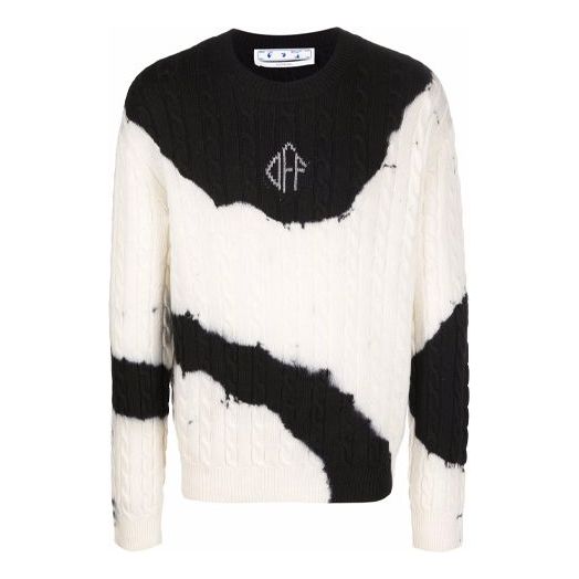 Men's Off-White FW21 Tie Dye Pattern Colorblock Knit Round Neck Pullover Wool Sweater Loose Fit White OMHE102F21KNI0028410